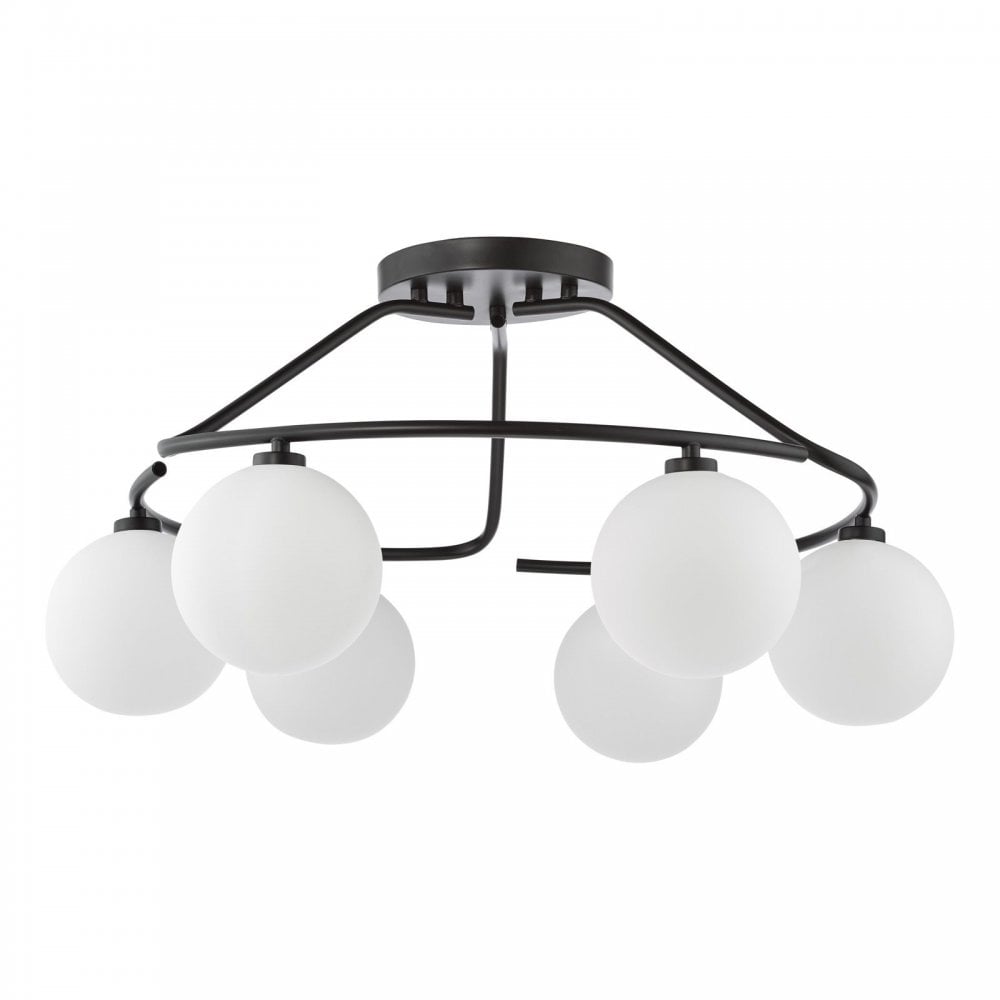 Luana 6 Light Semi Flush Fitting in Matt Black & Opal Glass