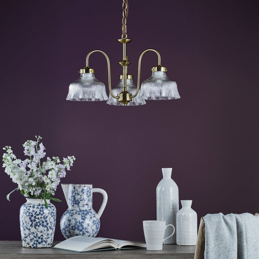 Maude 3 Light Natural Brass & Ribbed Glass Pendant
