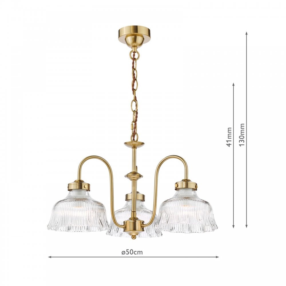 Maude 3 Light Natural Brass & Ribbed Glass Pendant