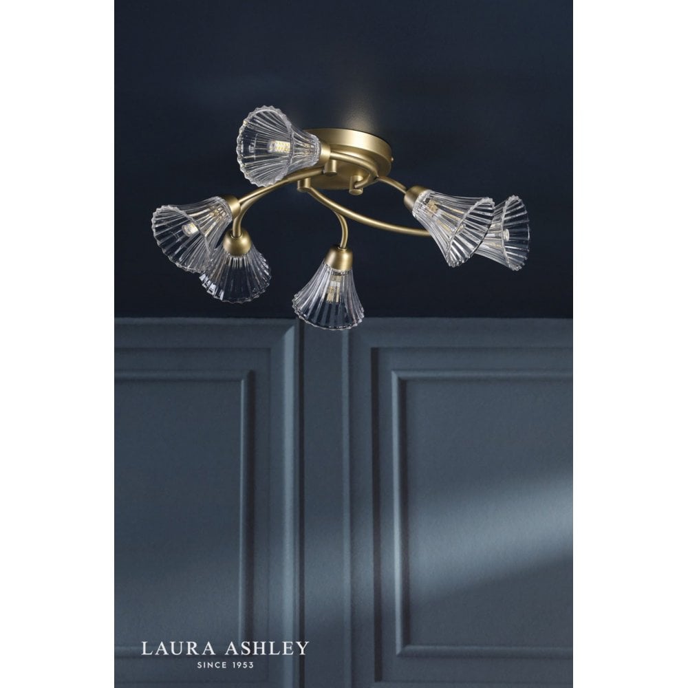 Lanton 6 Light Semi Flush Fitting in Antique Brass & Ribbed Glass