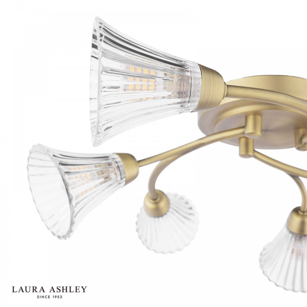 Lanton 6 Light Semi Flush Fitting in Antique Brass & Ribbed Glass