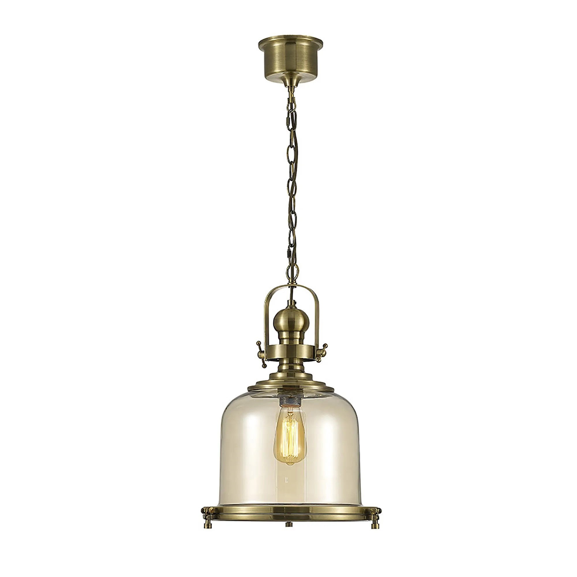 Riley Medium Bell Pendant in Antique Brass & Cognac Glass