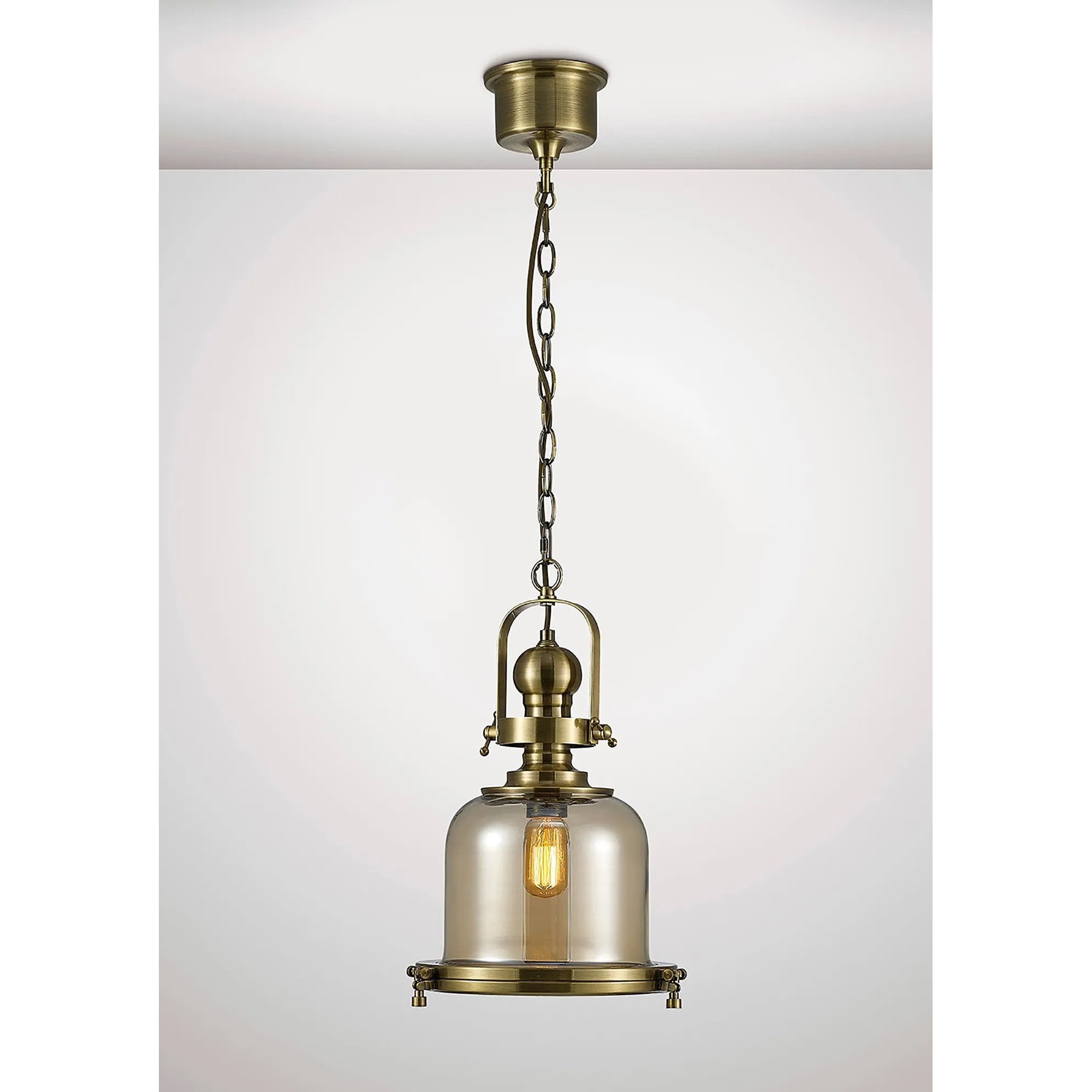Riley Small Bell Pendant in Antique Brass & Cognac Glass