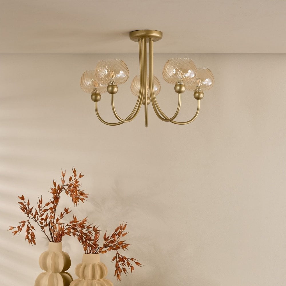 Cognac Satin Gold & Champagne Glass 5 Light Semi Flush