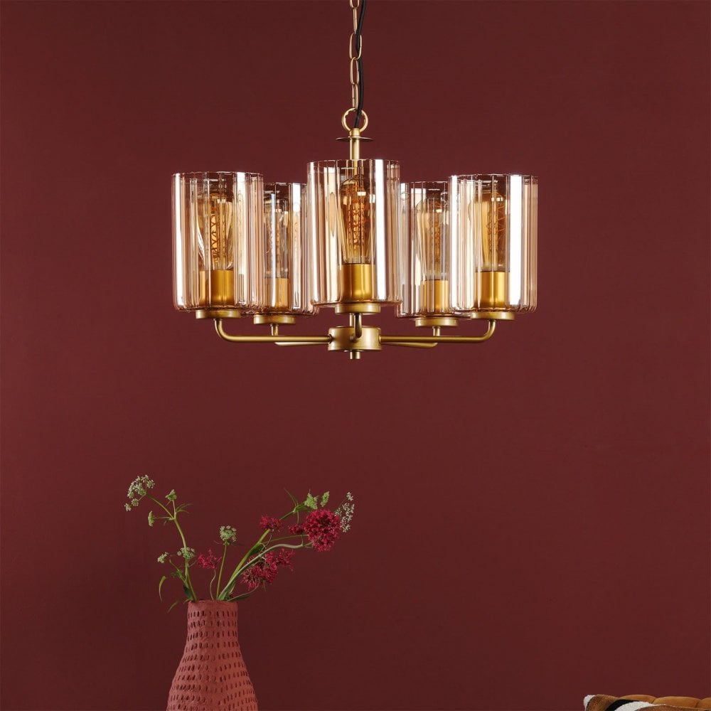 Daylin Satin Gold & Amber Glass 5 Light Pendant
