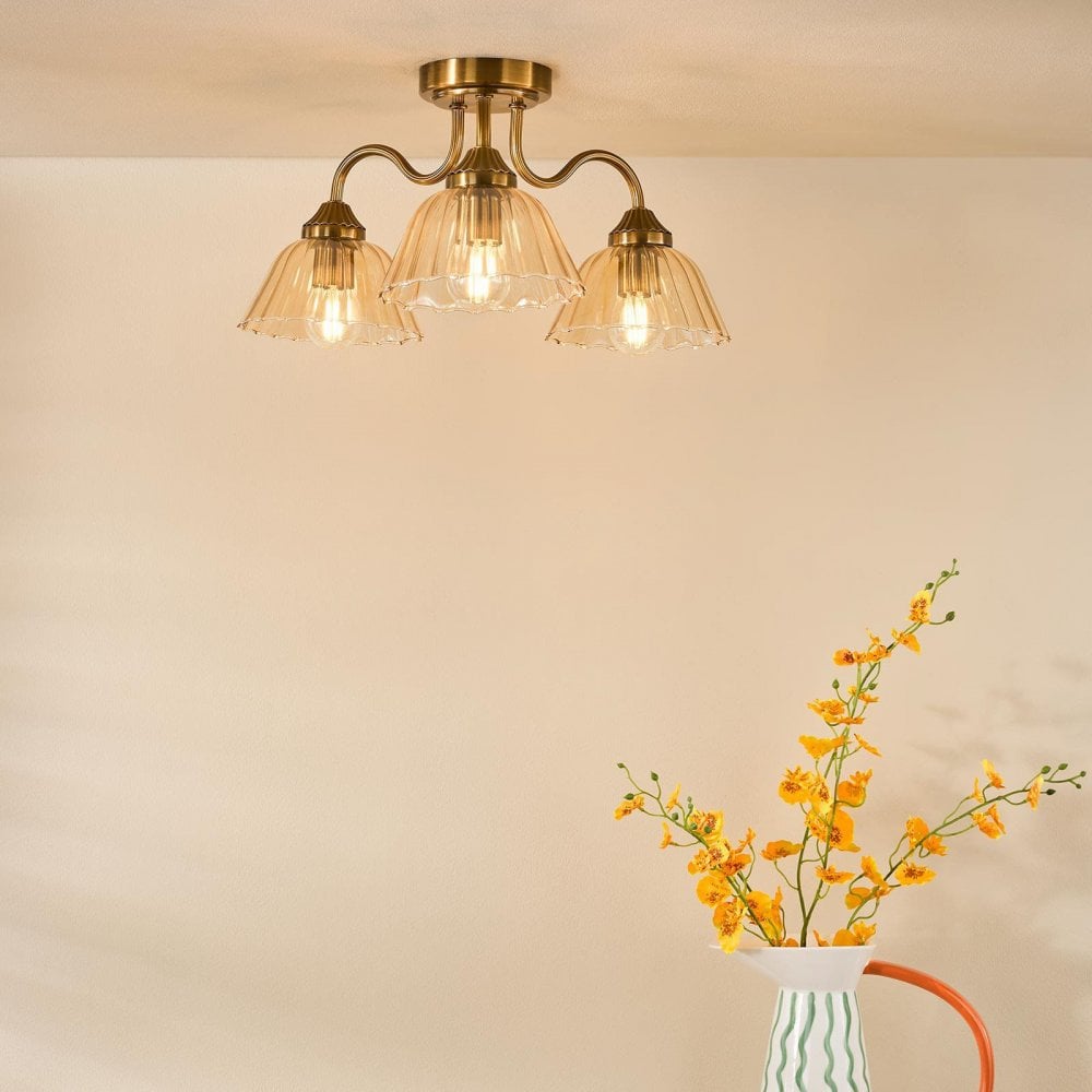 Erika 3 Light Antique Bronze & Amber Glass Semi Flush Fititng
