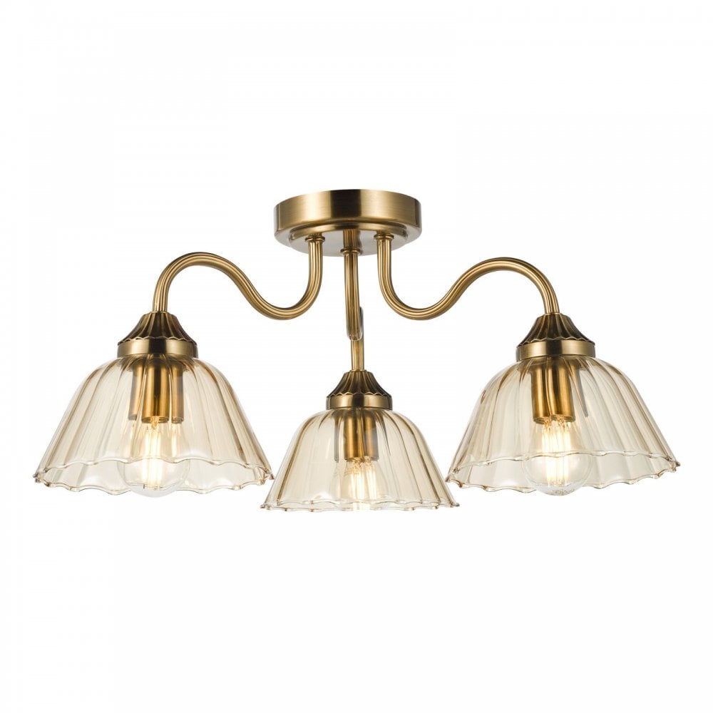 Erika 3 Light Antique Bronze & Amber Glass Semi Flush Fititng