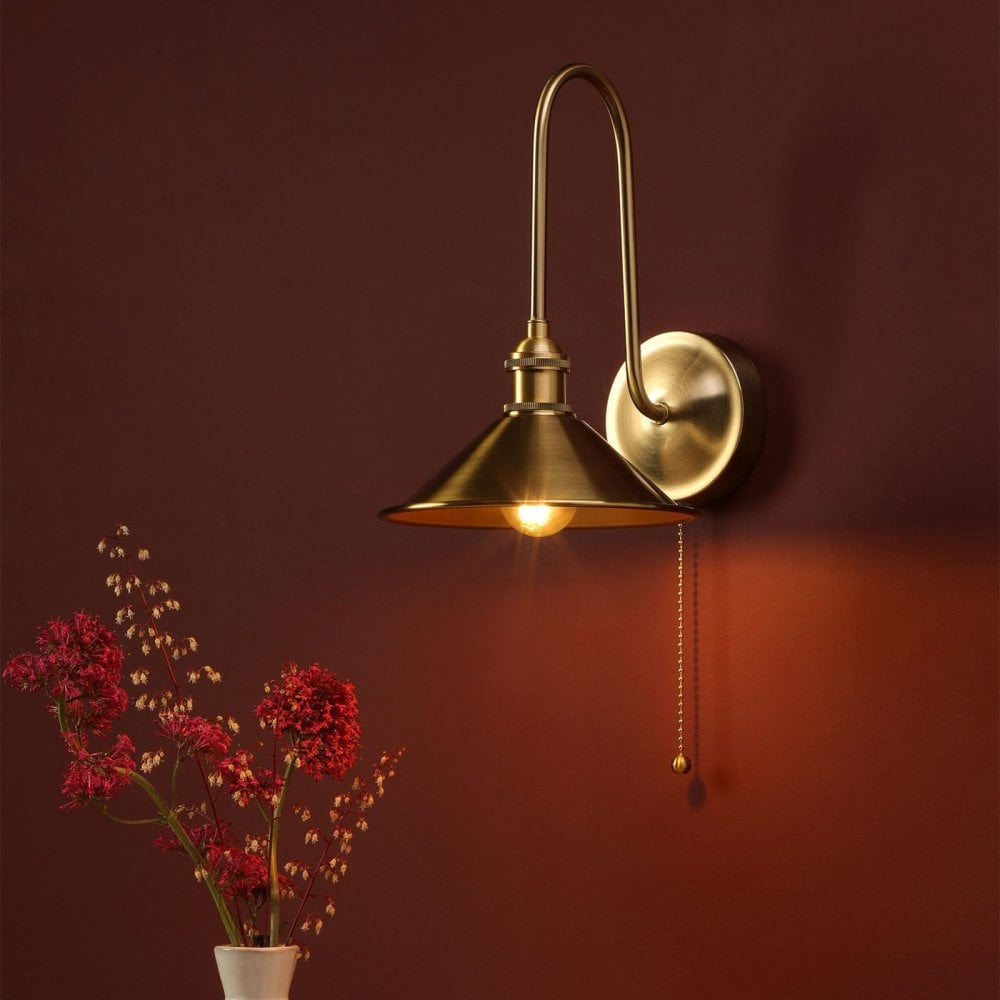Hadano Brass Curved Arm Wall Light with Brass Shade