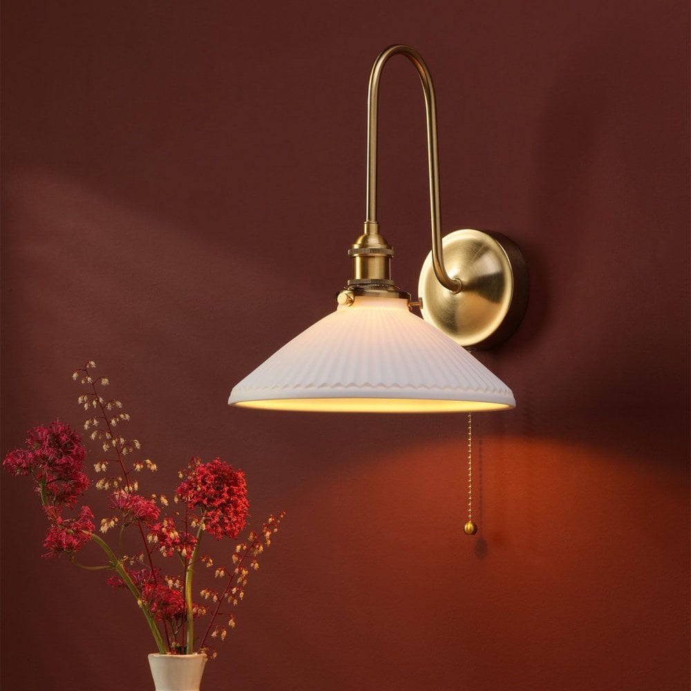 Hadano Brass Curved Arm Wall Light with Shallow Shade