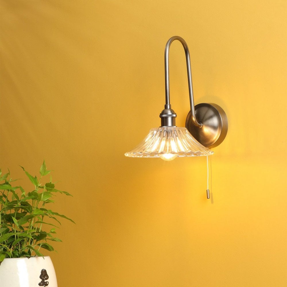 Hadano Antique Chrome Curved Arm Wall Light with Flared Shade
