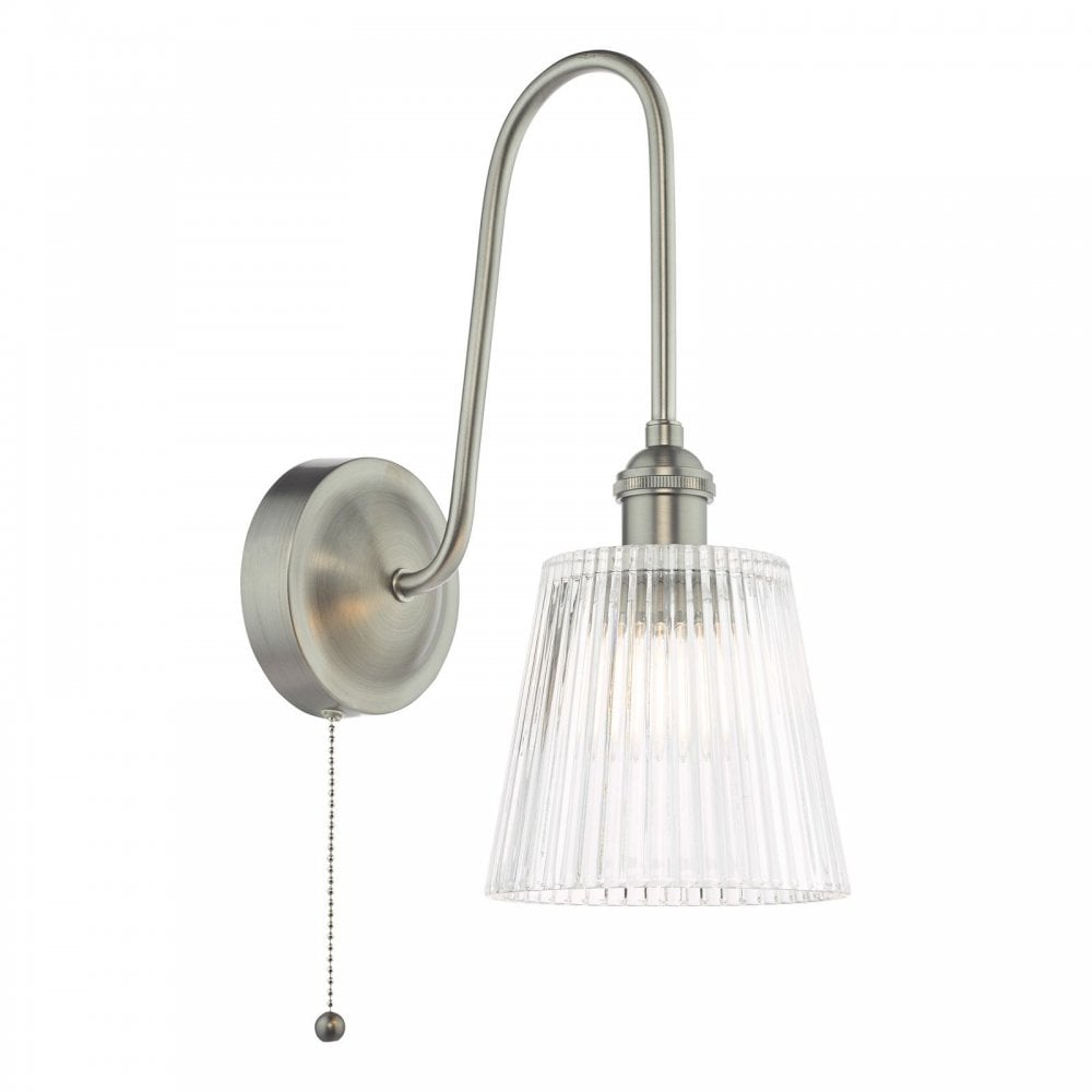 Hadano Antique Chrome Curved Arm Wall Light with Ribbed Shade