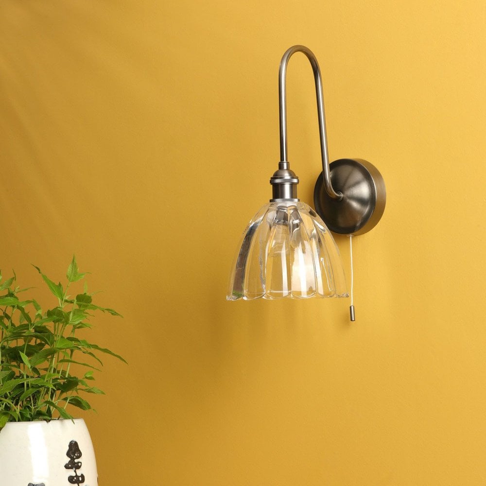 Hadano Antique Chrome Curved Arm Wall Light with Scalloped Bell Glass Shade