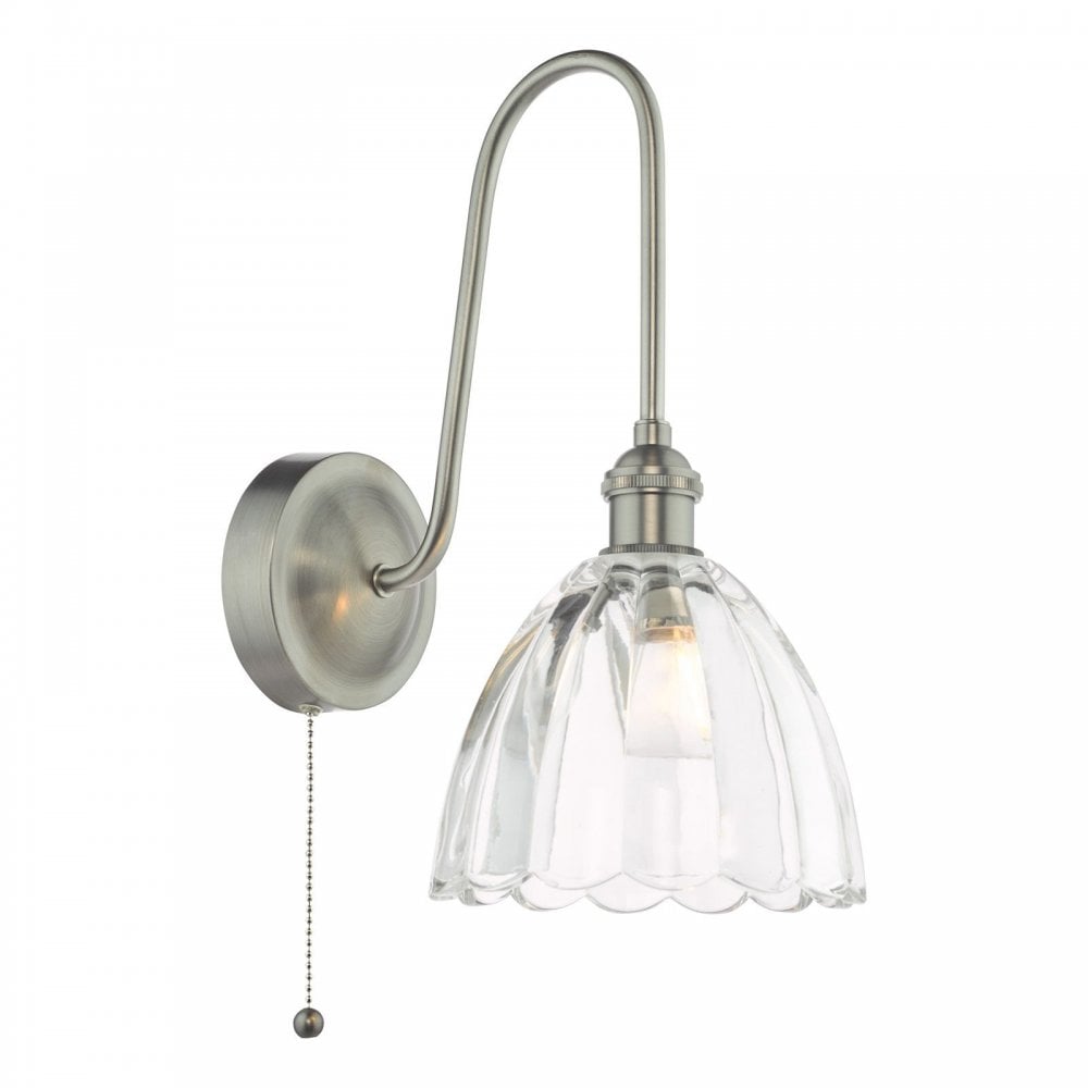 Hadano Antique Chrome Curved Arm Wall Light with Scalloped Bell Glass Shade