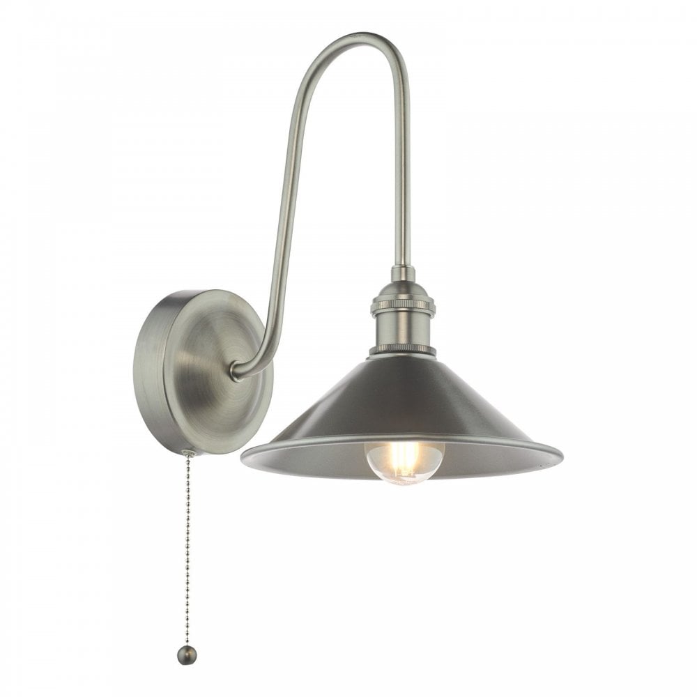 Hadano Antique Chrome Curved Arm Wall Light with Pewter Shade