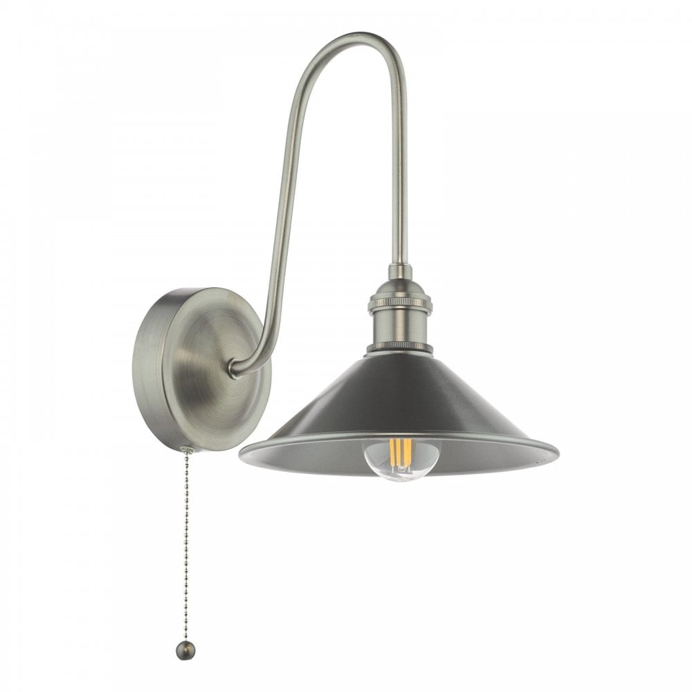 Hadano Antique Chrome Curved Arm Wall Light with Pewter Shade