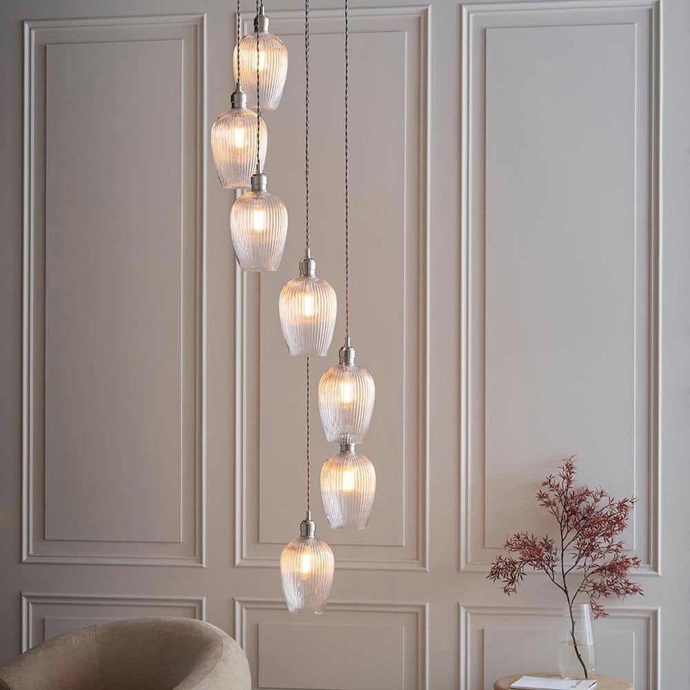 Millie Polished Nickel 7 Light Pendant with Ribbed Glass Shades