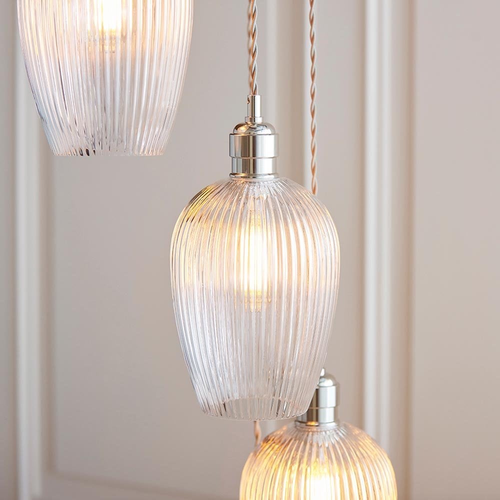 Millie Polished Nickel 7 Light Pendant with Ribbed Glass Shades