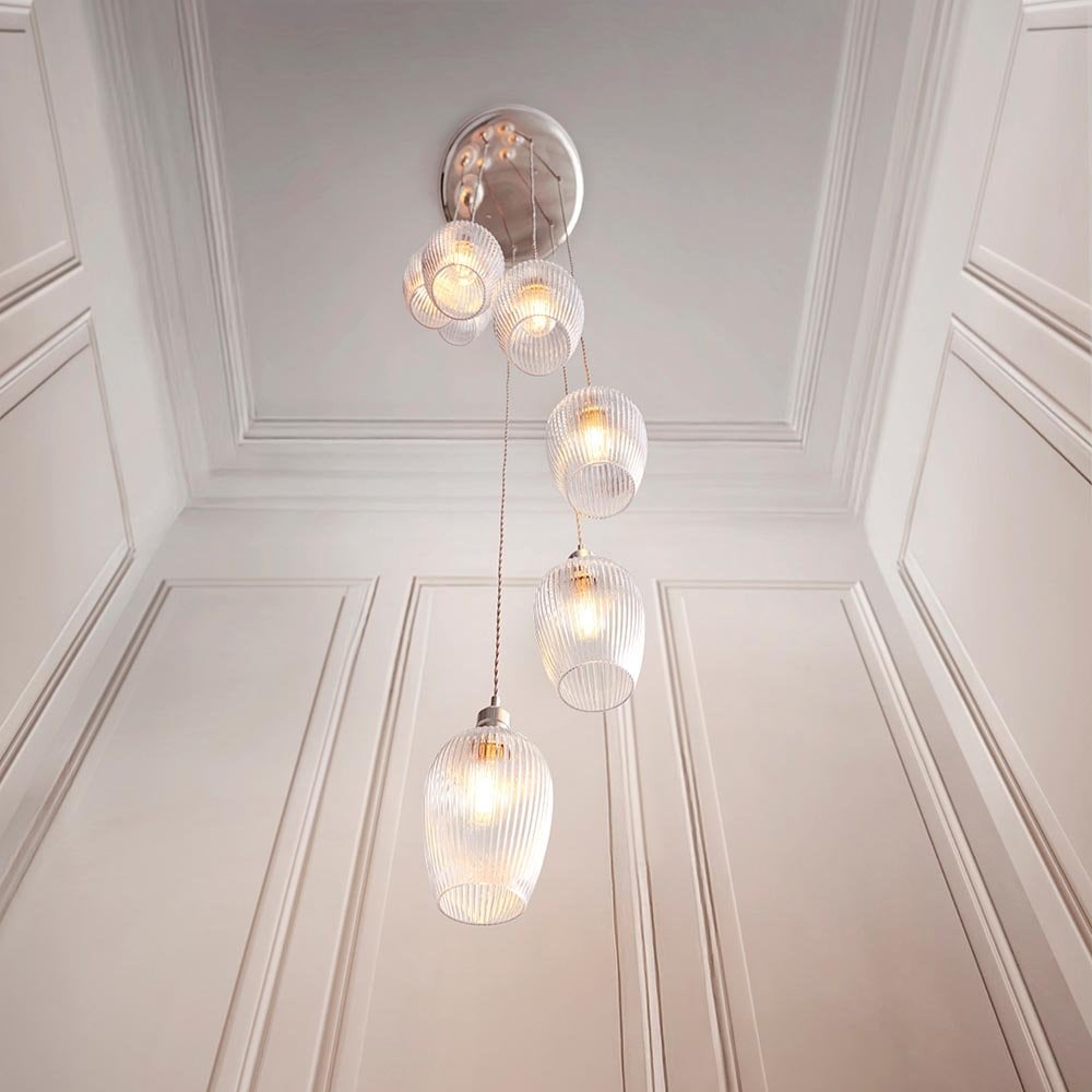 Millie Polished Nickel 7 Light Pendant with Ribbed Glass Shades