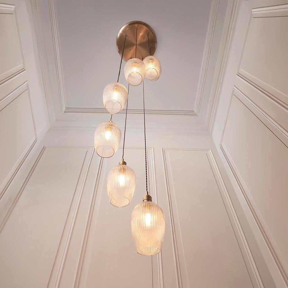Millie Antique Brass 7 Light Pendant with Ribbed Glass Shades