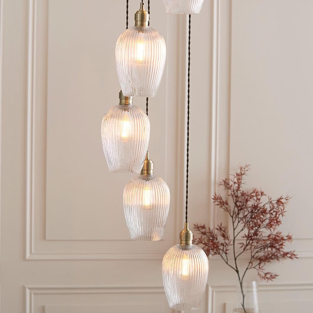 Millie Antique Brass 7 Light Pendant with Ribbed Glass Shades