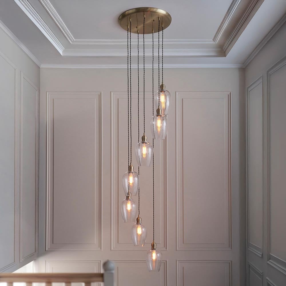 Millie Antique Brass 7 Light Pendant with Clear Glass Shades