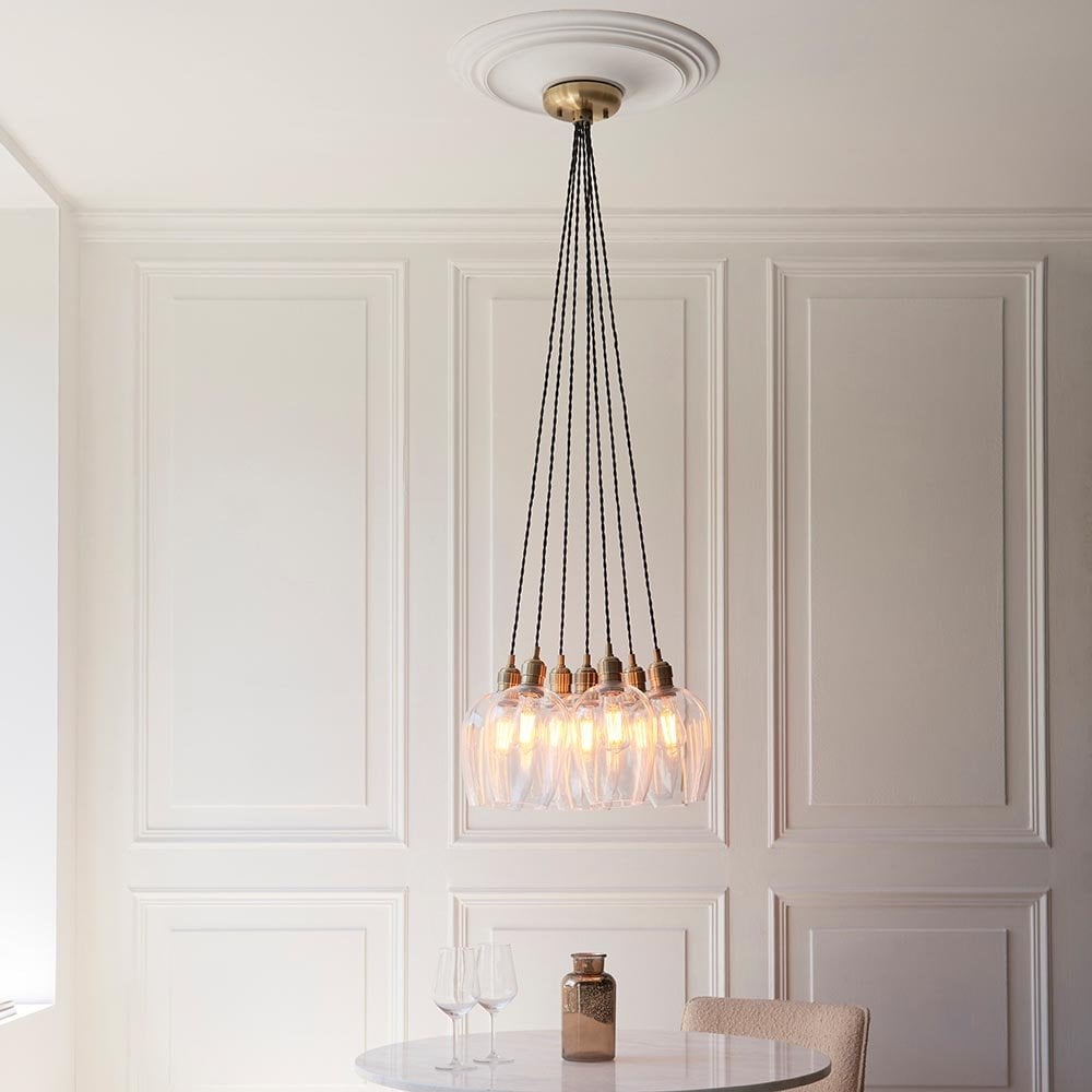 Mia Antique Brass 7 Light Cluster Pendant with Clear Glass Shades