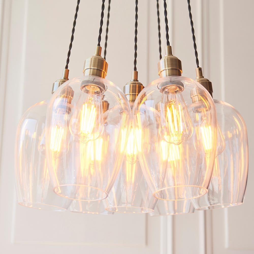 Mia Antique Brass 7 Light Cluster Pendant with Clear Glass Shades
