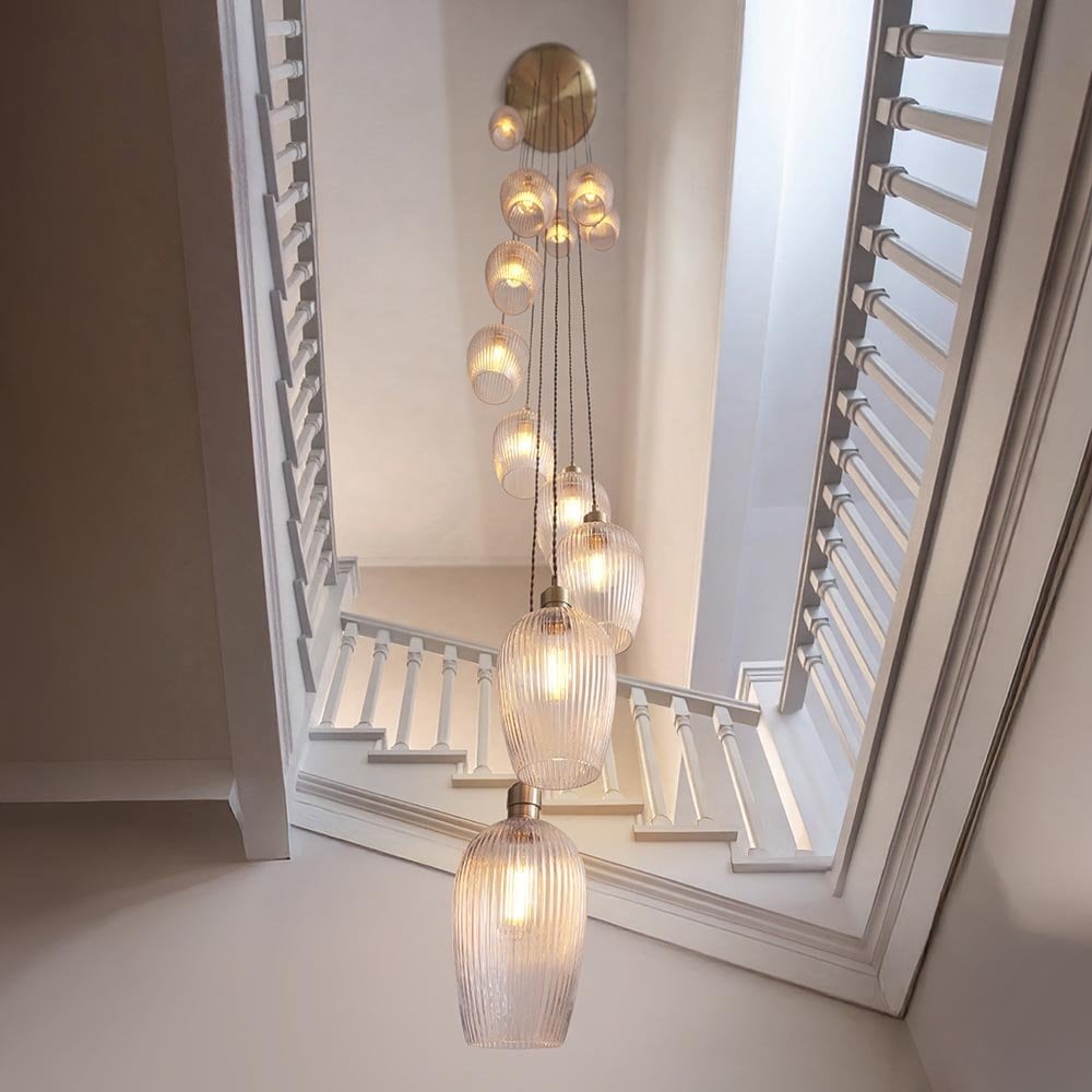 Millie Antique Brass 13 Light Pendant with Ribbed Glass Shades