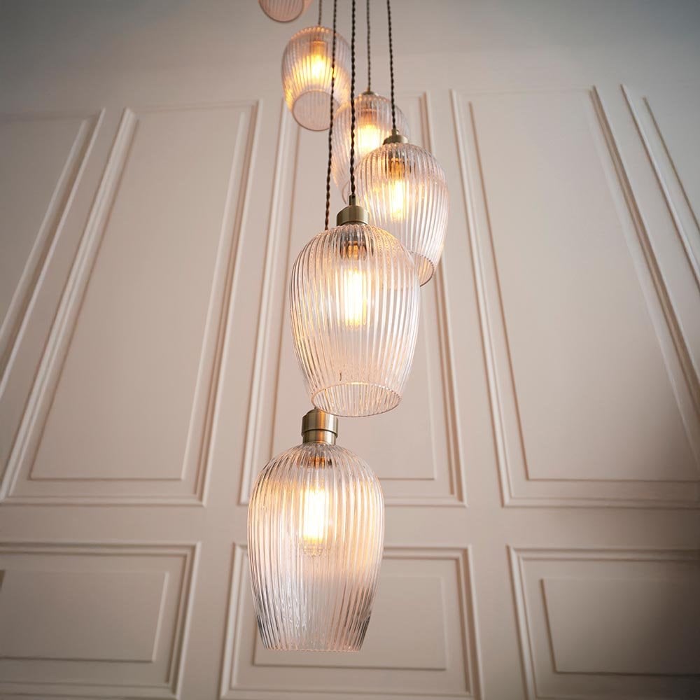 Millie Antique Brass 13 Light Pendant with Ribbed Glass Shades