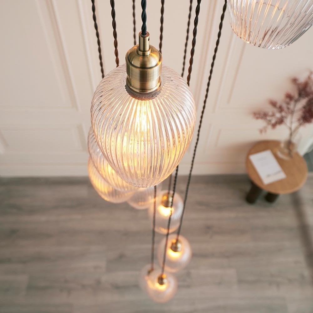 Millie Antique Brass 13 Light Pendant with Ribbed Glass Shades