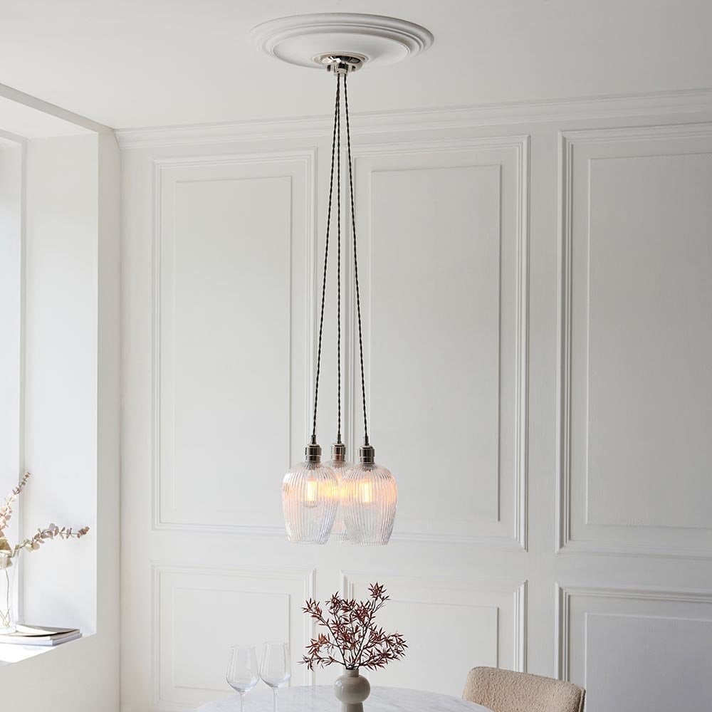 Mia Polished Nickel 3 Light Cluster Pendant with Ribbed Glass Shades