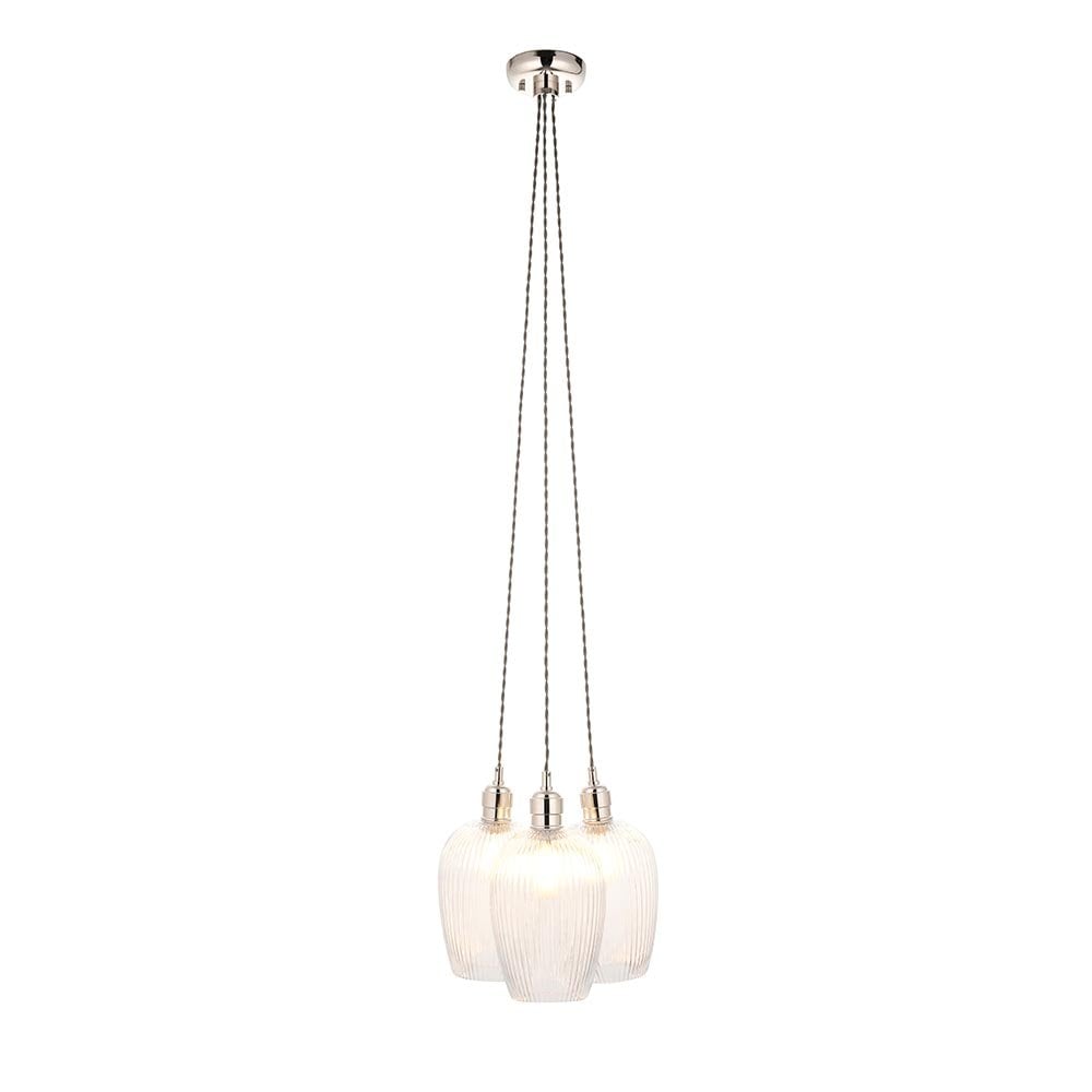 Mia Polished Nickel 3 Light Cluster Pendant with Ribbed Glass Shades