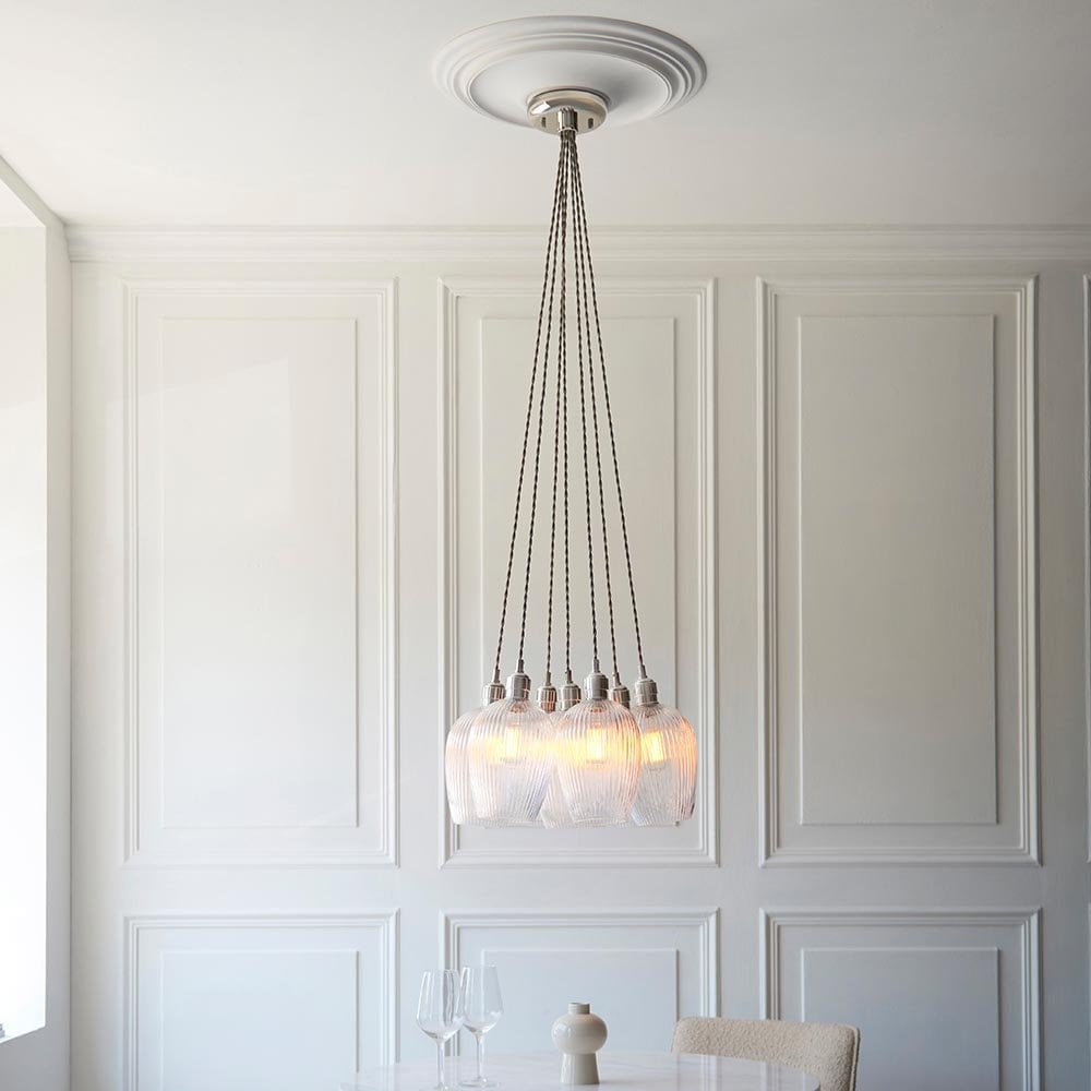 Mia Polished Nickel 7 Light Cluster Pendant with Ribbed Glass Shades