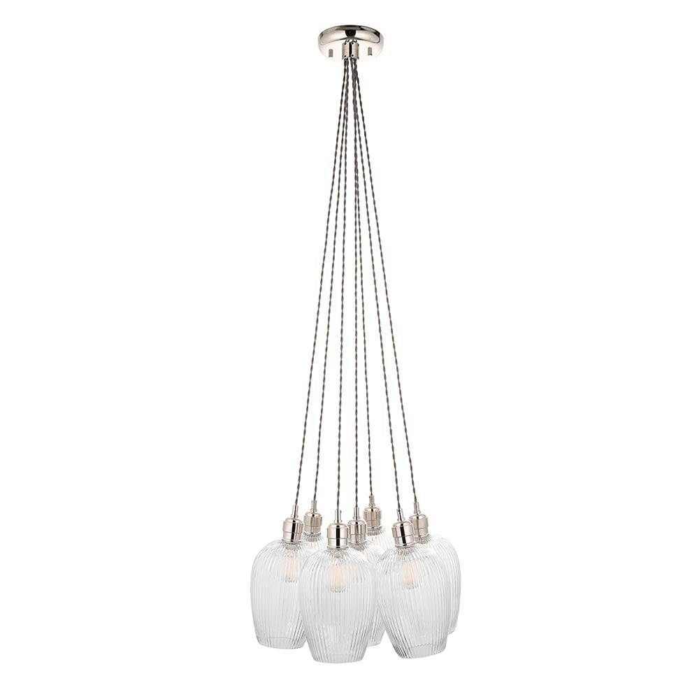 Mia Polished Nickel 7 Light Cluster Pendant with Ribbed Glass Shades