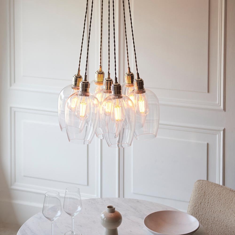 Mia Polished Nickel 7 Light Cluster Pendant with Clear Glass Shades