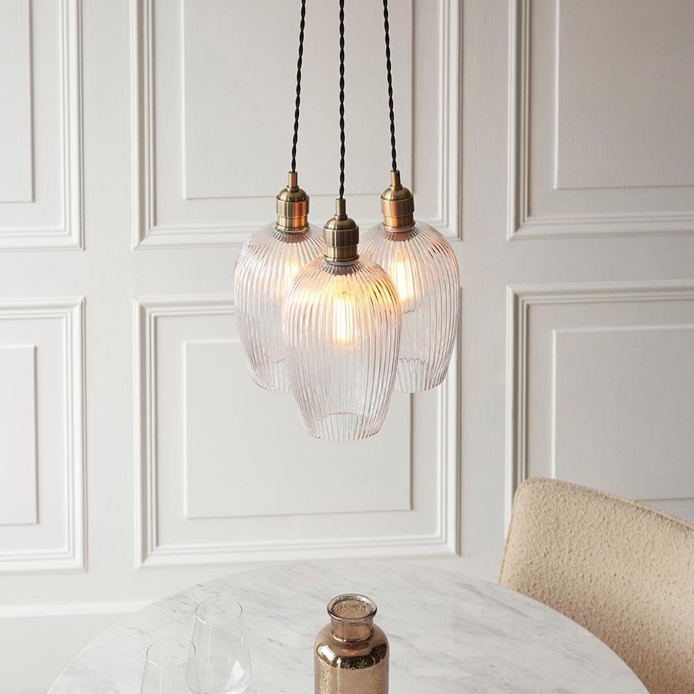 Mia Antique Brass 3 Light Cluster Pendant with Ribbed Glass Shades