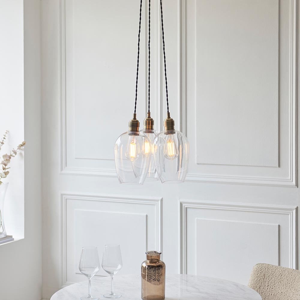 Mia Antique Brass 3 Light Cluster Pendant with Clear Glass Shades