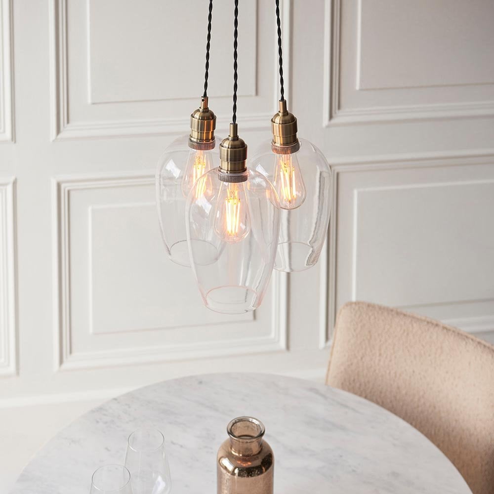Mia Antique Brass 3 Light Cluster Pendant with Clear Glass Shades