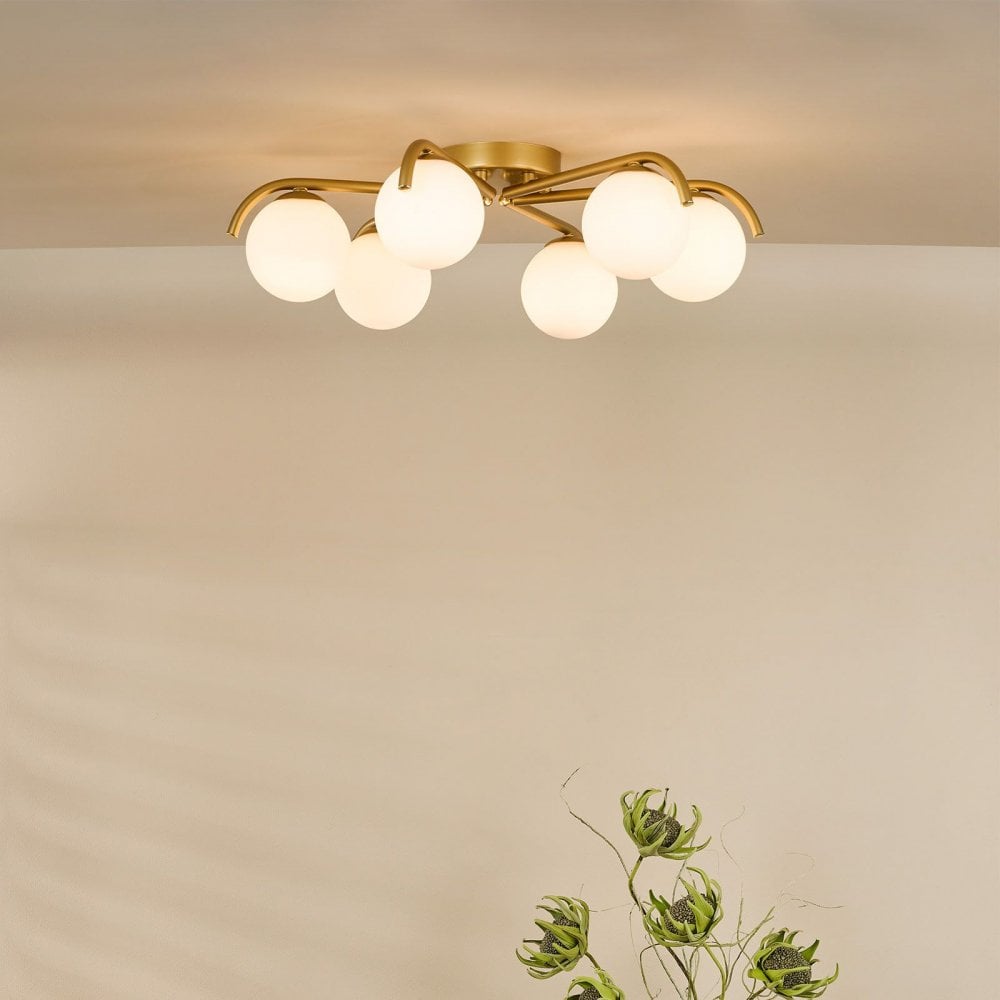 Orlena 6 Light Flush in Satin Gold & Opal Glass
