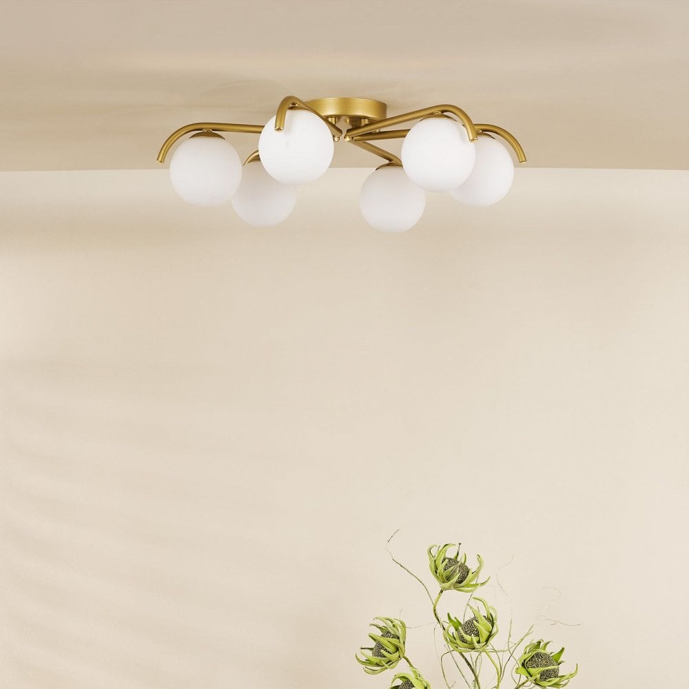 Orlena 6 Light Flush in Satin Gold & Opal Glass