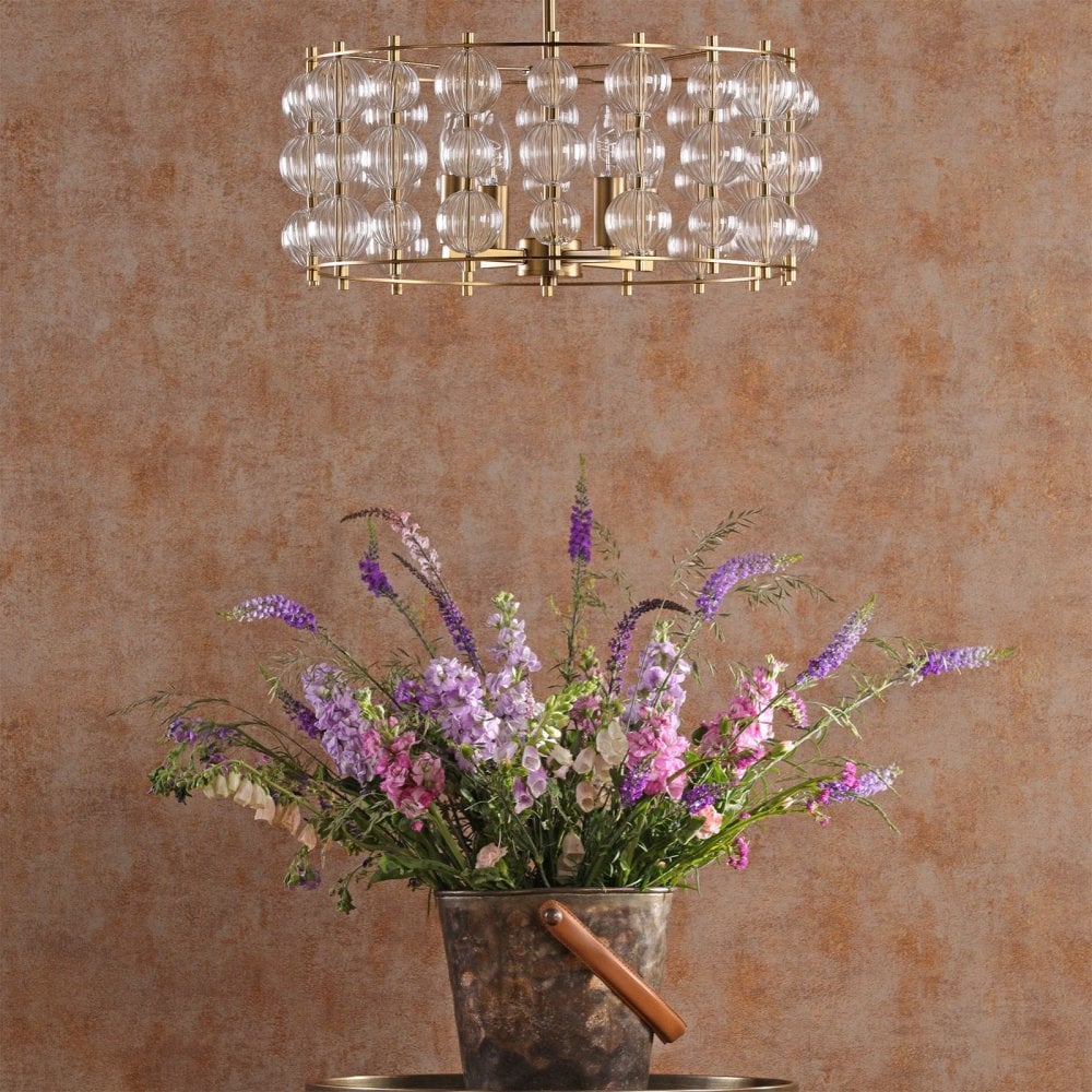 Yuridia 4 Light Satin Gold & Ribbed Glass Ceiling Pendant