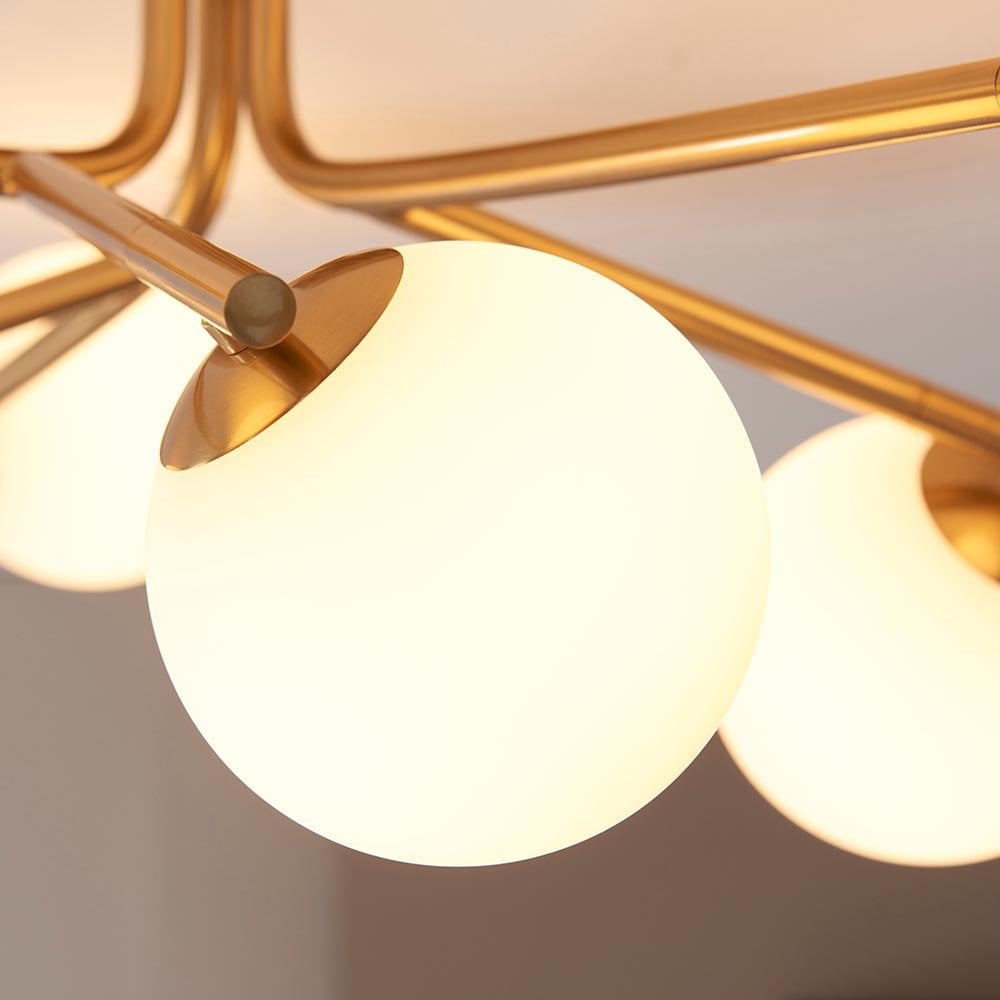 Aaron 6 Light Semi Flush Brass Fitting with Opal Shades