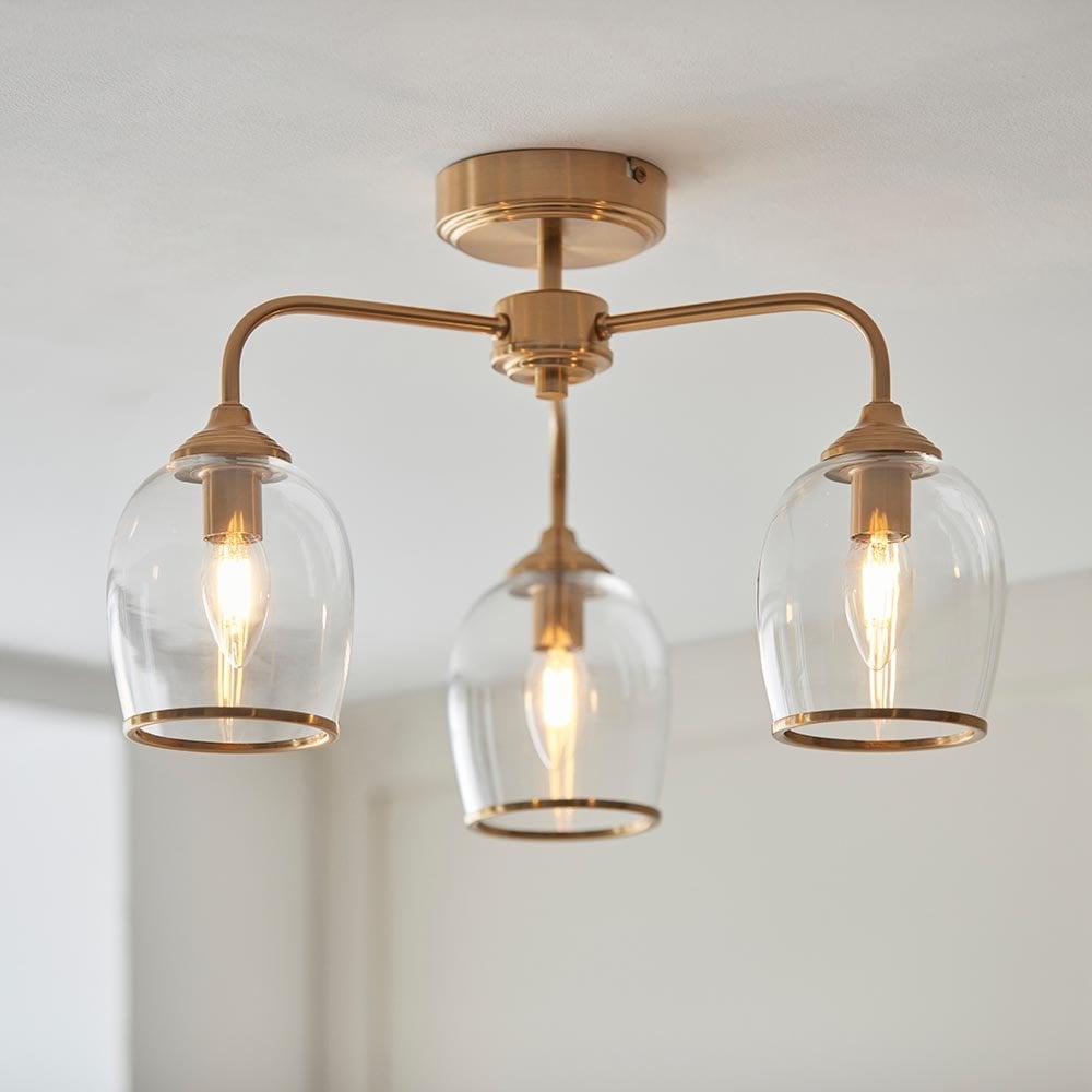 Ashcroft 3 Light Brass Semi Flush Fitting with Clear Glass Shades