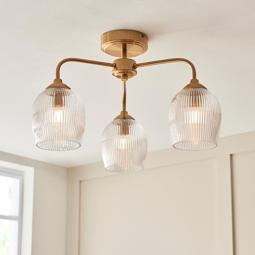 Ashcroft 3 Light Brass Semi Flush Fitting with Ribbed Glass Shades