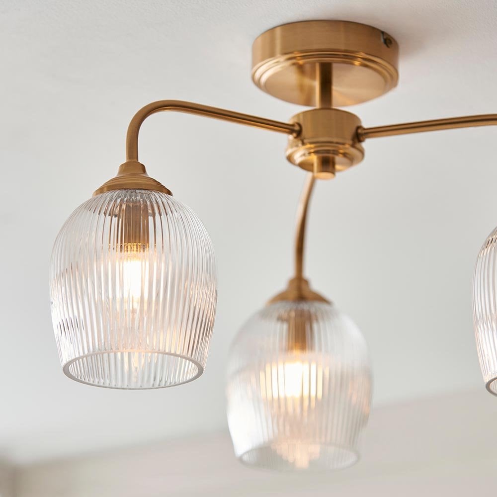 Ashcroft 3 Light Brass Semi Flush Fitting with Ribbed Glass Shades