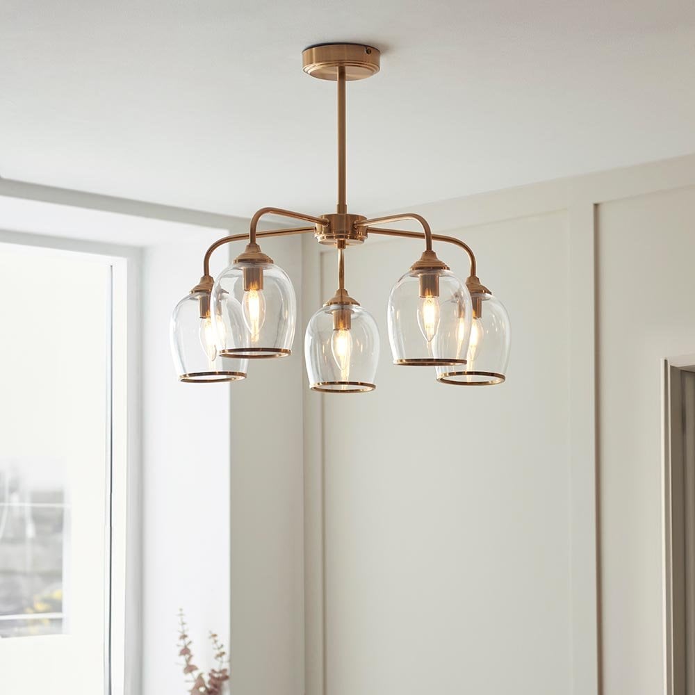 Ashcroft 5 Light Brass Semi Flush Fitting with Clear Glass Shades