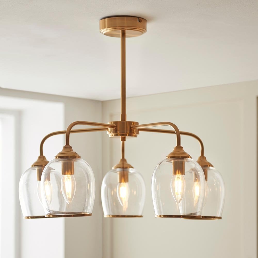 Ashcroft 5 Light Brass Semi Flush Fitting with Clear Glass Shades