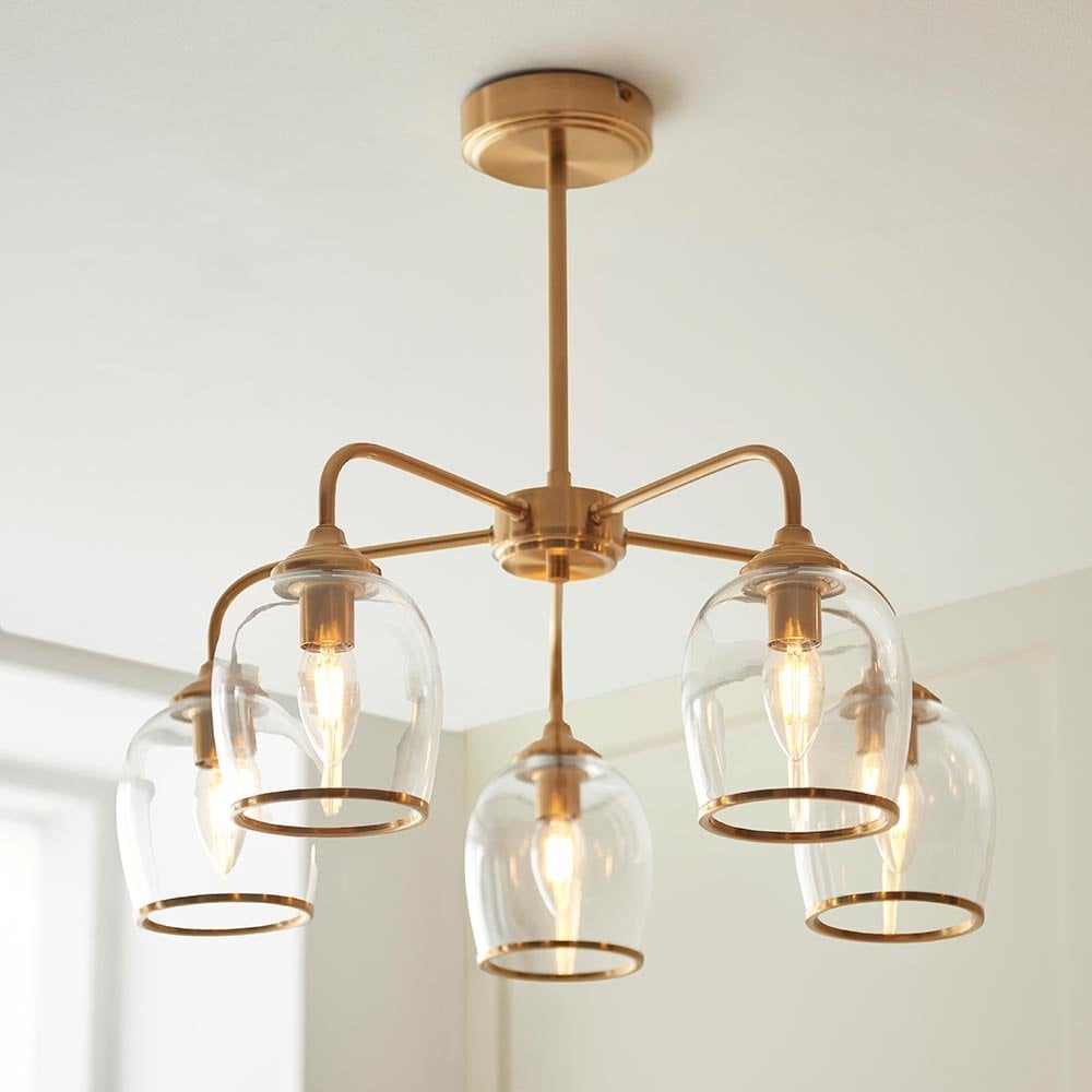 Ashcroft 5 Light Brass Semi Flush Fitting with Clear Glass Shades