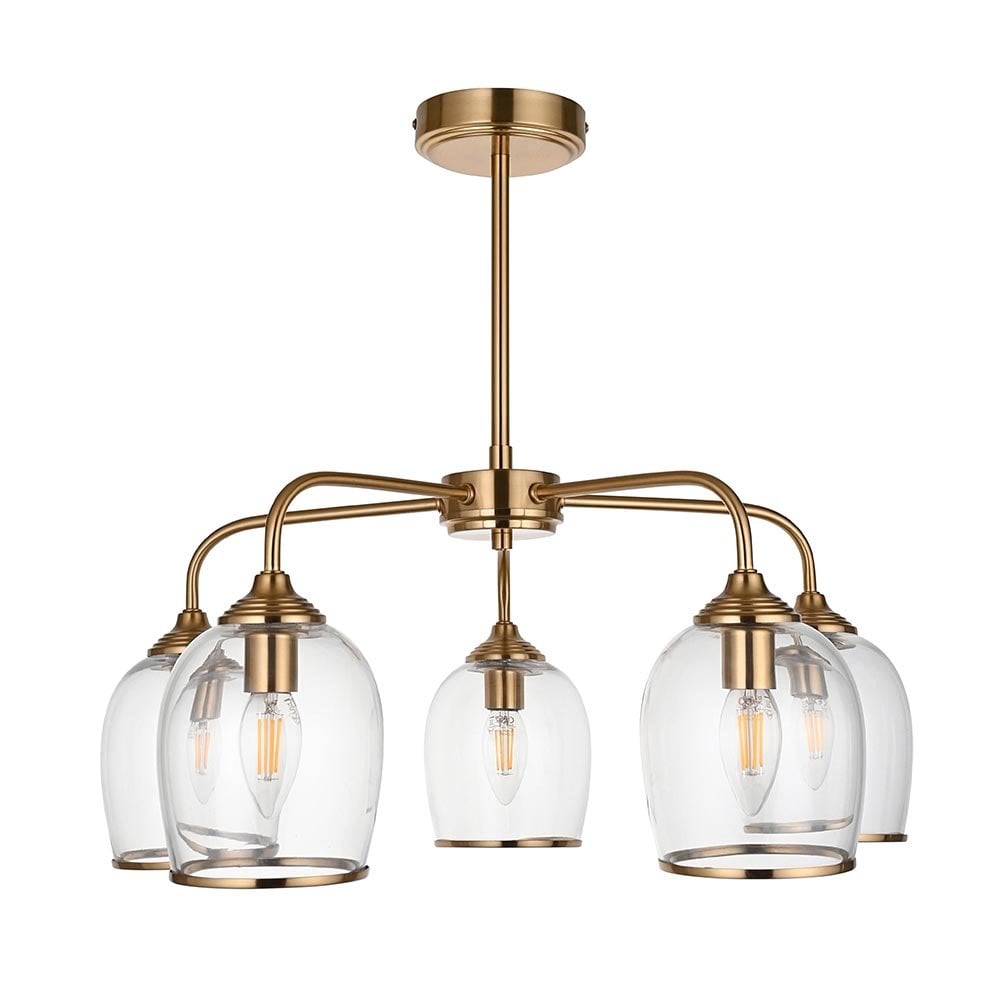 Ashcroft 5 Light Brass Semi Flush Fitting with Clear Glass Shades