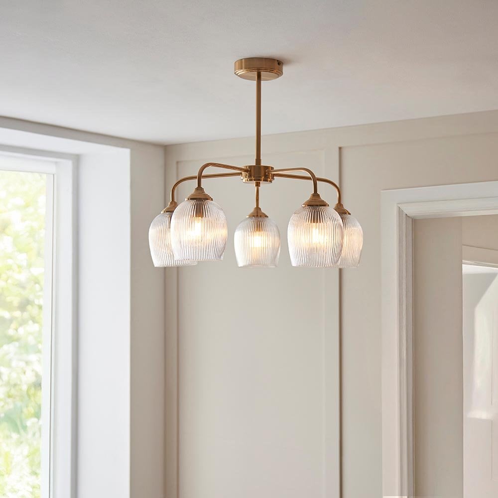 Ashcroft 5 Light Brass Semi Flush Fitting with Ribbed Glass Shades